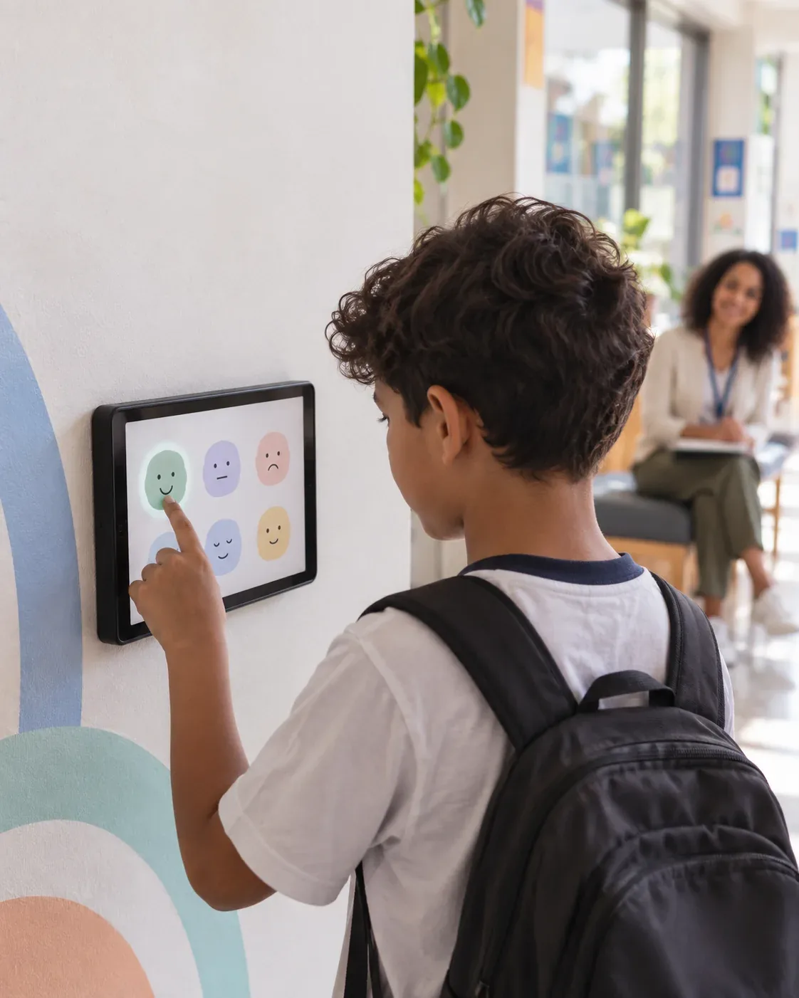 Mão de uma criança tocando o rosto escolhido na tela de check-in