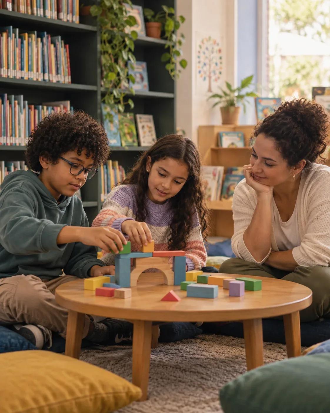 Educadora observando duas crianças montarem uma construção de blocos de madeira na biblioteca da escola