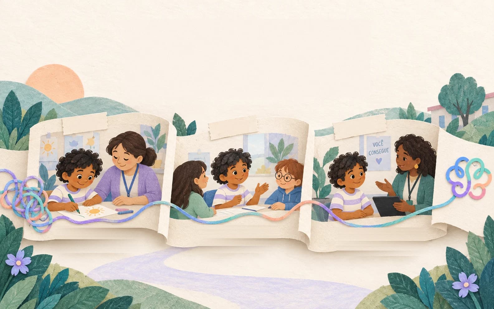 Livro sanfonado aberto em três cenas de anos diferentes: uma criança desenhando com a professora, uma conversa em roda e uma nova turma com outra educadora