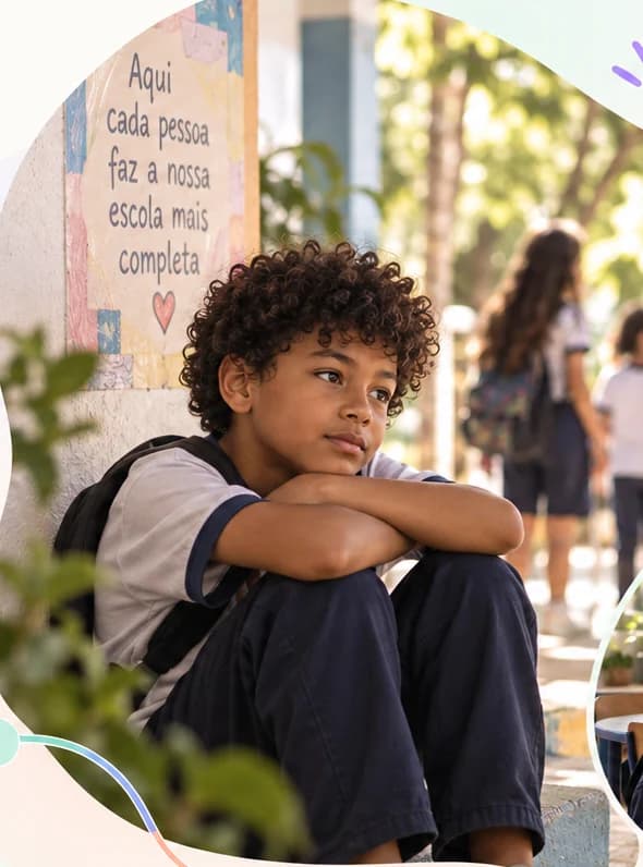 Menino sentado no degrau do pátio da escola, com o queixo apoiado nos braços, em um momento de pausa